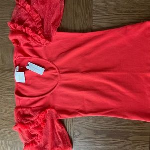 NWT Anthropologie Maeve Orange Red Tulle Ruffle Sleeve Top Small S